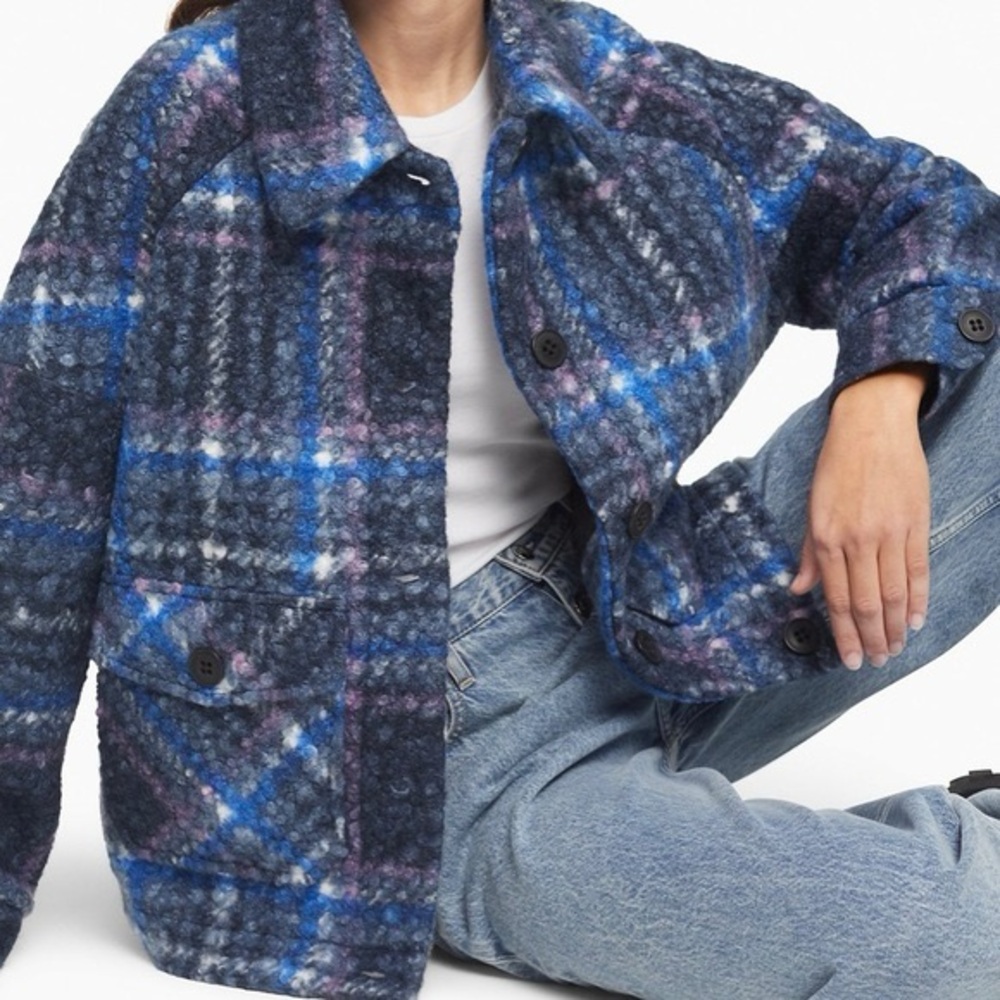 CALVIN KLEIN Checkered Plaid Woolen Oversized Jacket Navy Purple Gray Size